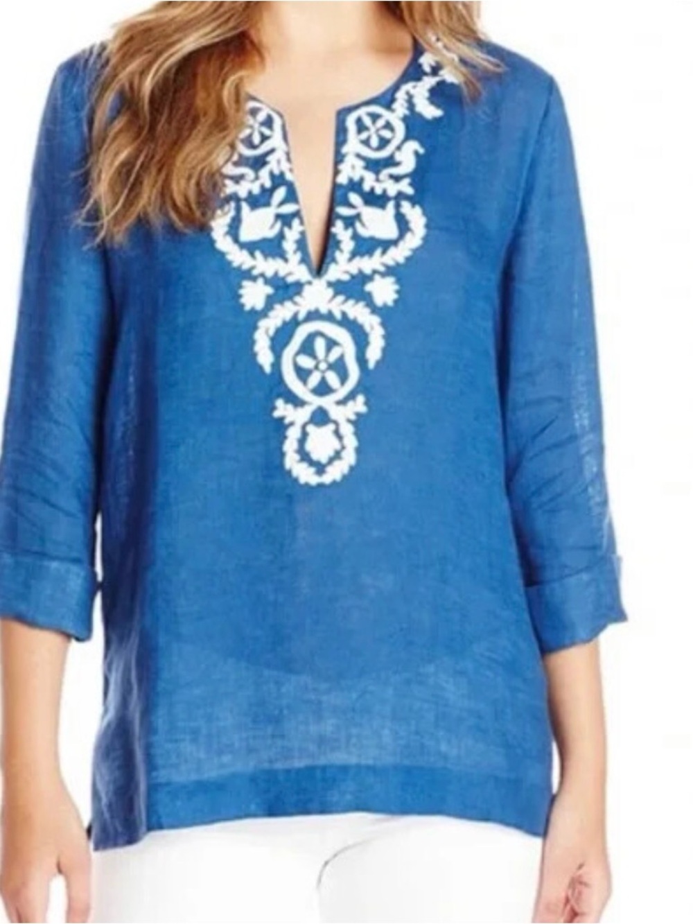 Lilly Pulitzer‎ Size XS Blue Amelia embroidery linen top 100% Linen